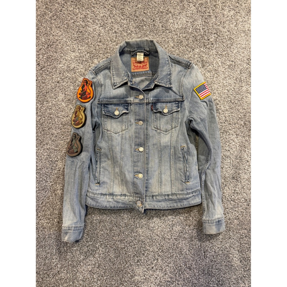 Levi Denim Trucker Jacket Women Small Blue Custom Devil Girl Patches Light Wash